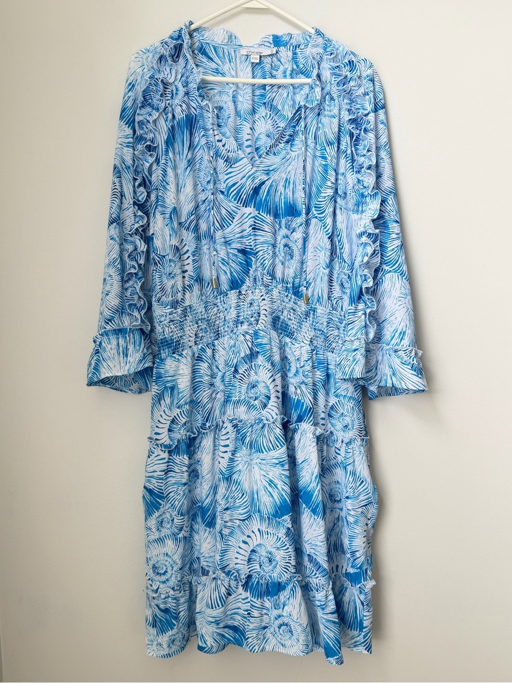 Chico’s Sheer Bell Sleeve Chiffon Dress Blue Sea Shells Size 2.5 or 14
